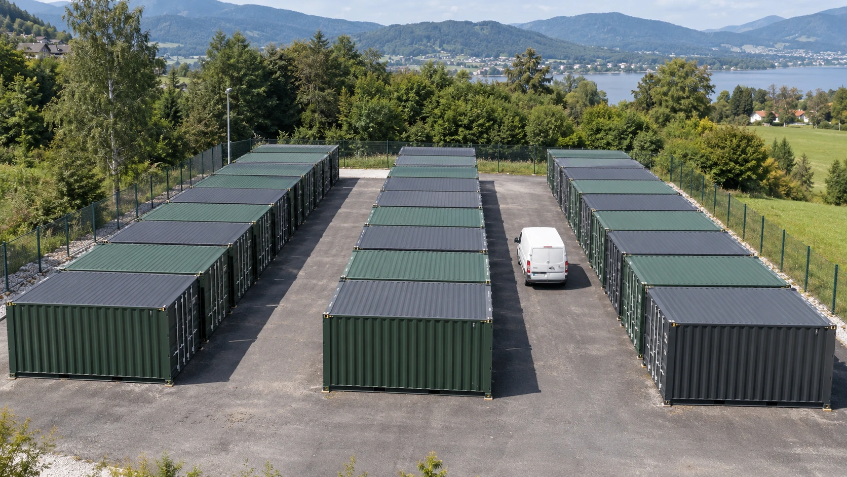 Fotorealistische Konzeptansicht einer Selfstorageanlage aus 20-Fuß-Seecontainern